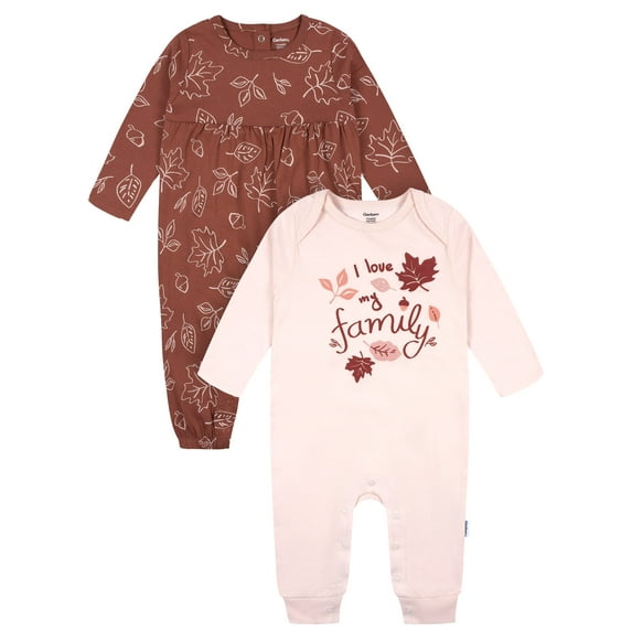 Gerber Baby Girls Long Sleeve Jumpsuit Romper, 2 Pack, Size Newborn - 24 Months