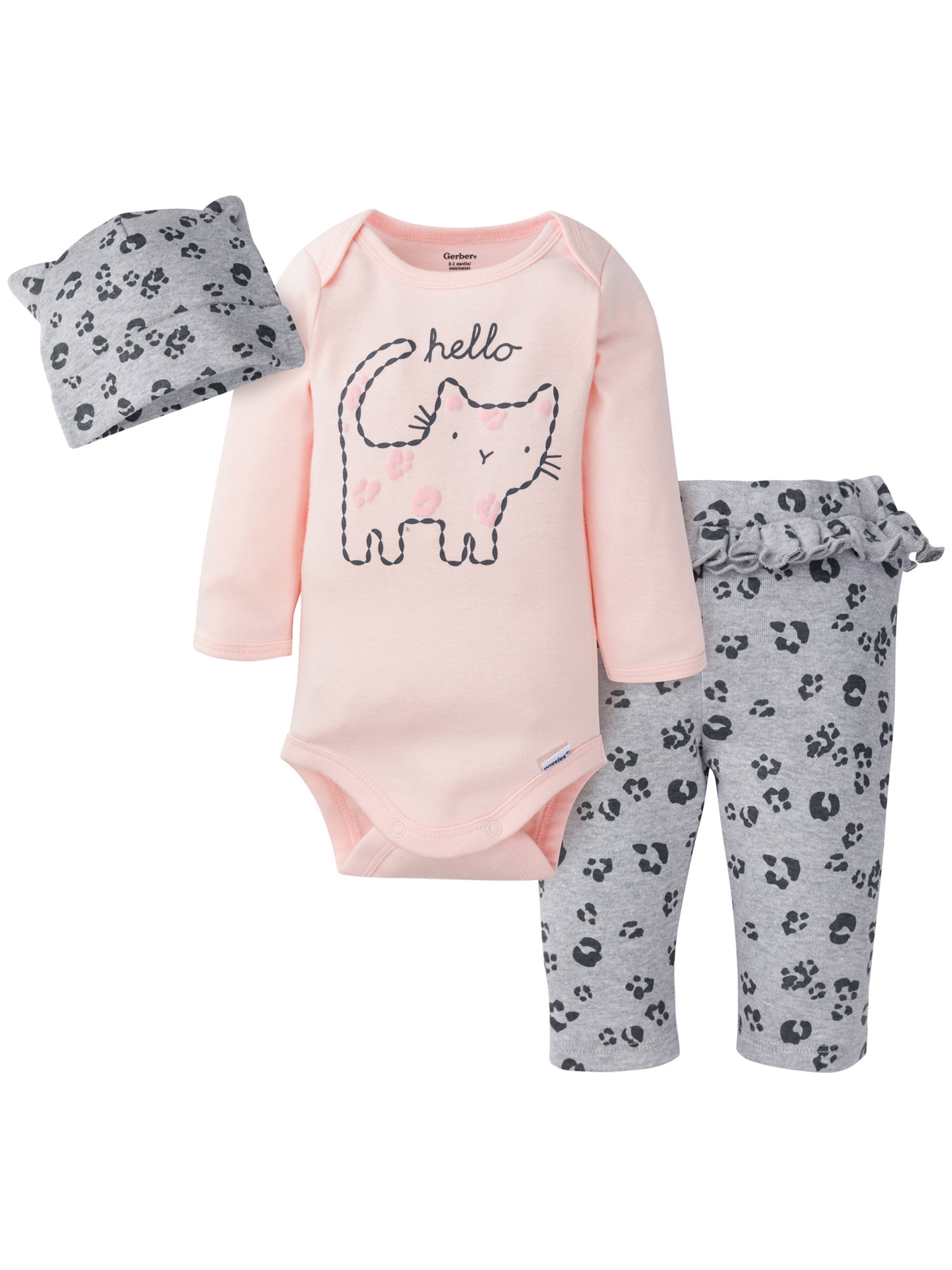 Gerber Baby Girls Onesies Brand Bodysuit, Pant, & Cap Set, 3Piece