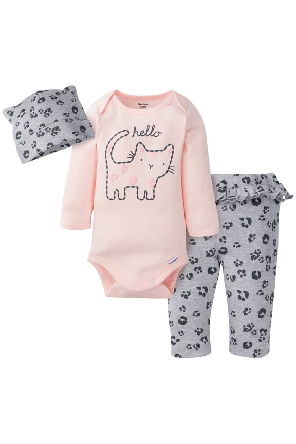 Baby Girls Onesies Brand Bodysuit, Pant, & Cap Set, 3-Piece (Newborn to 24 Months)