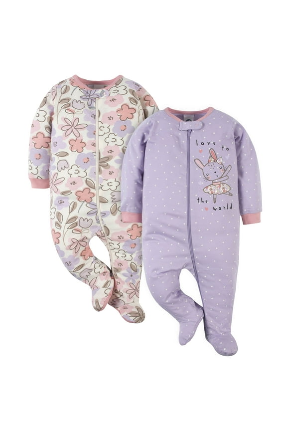 Baby Girls Sleep 'N Plays 100% Cotton, Bunny Ballerina, Preemie - 6-9 Months, 2-Piece Set