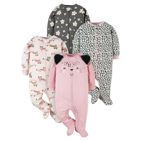 Gerber Baby Girl Sleep 'N Play Footed Pajamas, 4-Pack