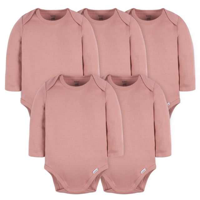 Gerber Baby Long Sleeve Solid Onesies Multi-Pack Interlock 180 GSM, Pink, 12 Months