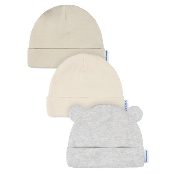 Gerber Baby Neutral 3-Pack Cap With Ears, Sizes Newborn - 0/6 Months