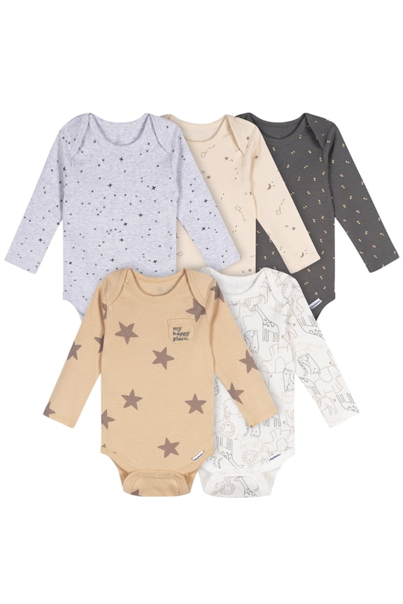 Baby Neutral 5Pk Long Sleeve Onesies Sizes 0/3 Months - 12 Months