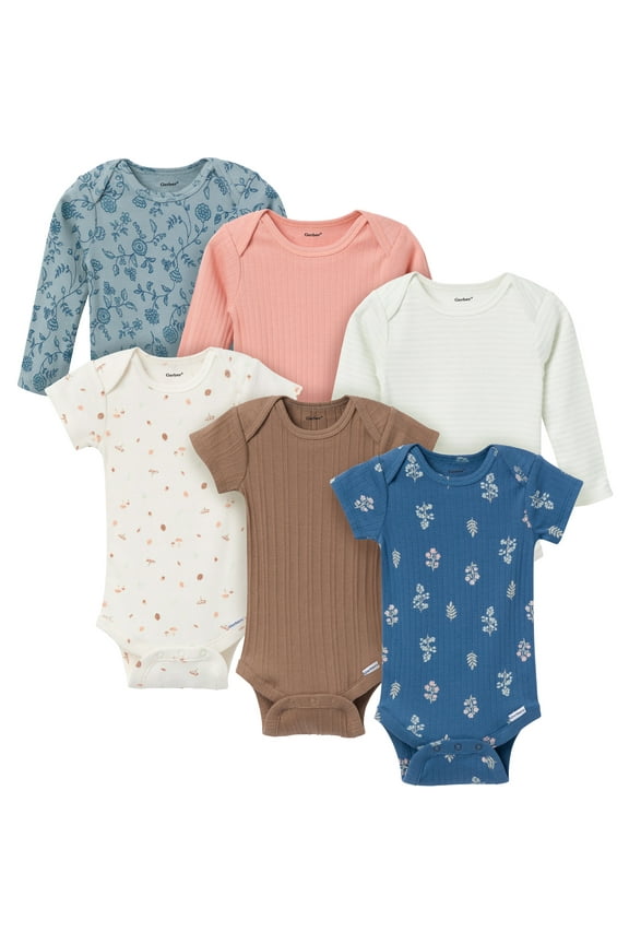 Baby Neutral Assorted Long and Short Sleeve Onesies, 6-Pack, Sizes Newborn - 12 Months