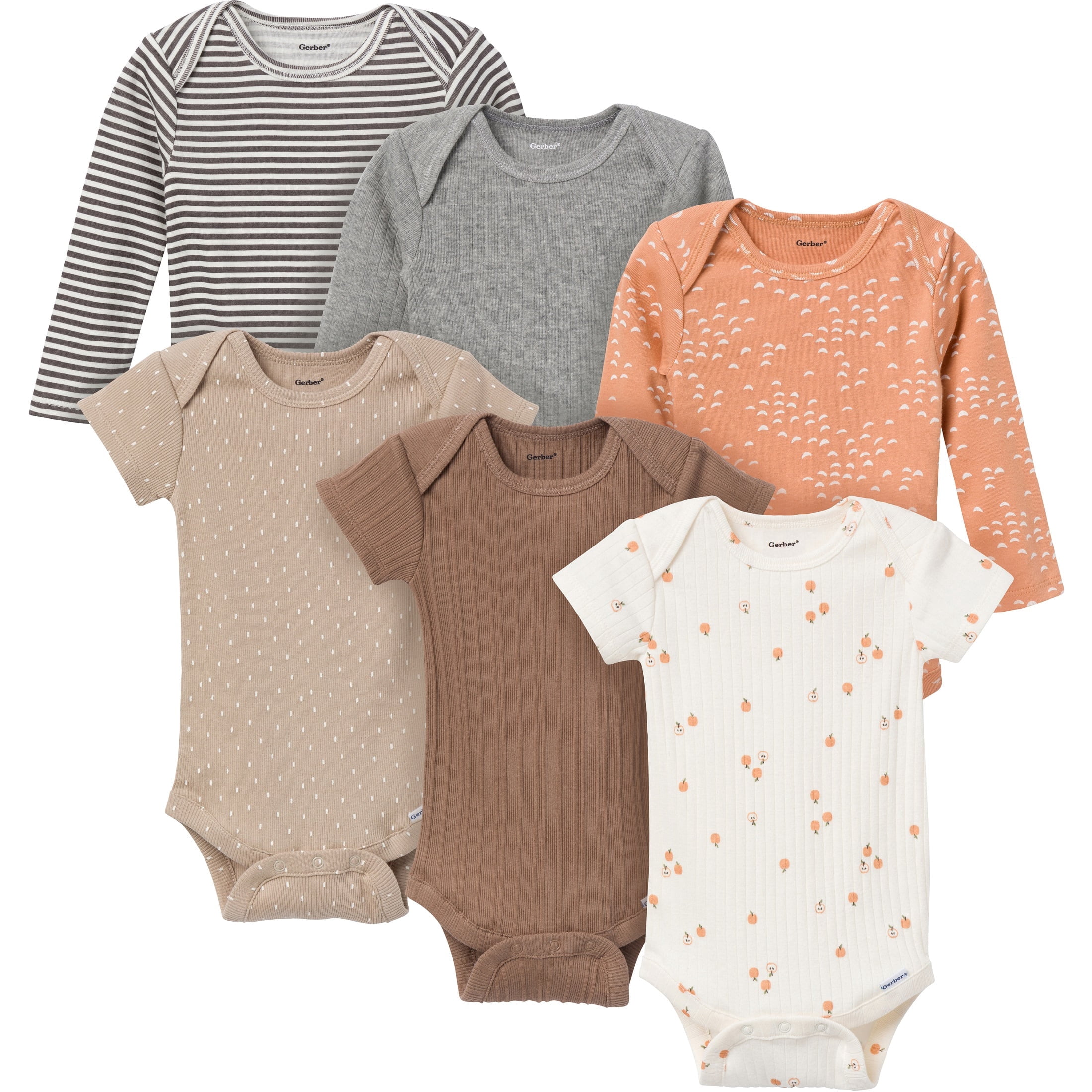 Gerber Baby Neutral Assorted Long and Short Sleeve Onesies, 6-Pack, Sizes Newborn - 12 Months