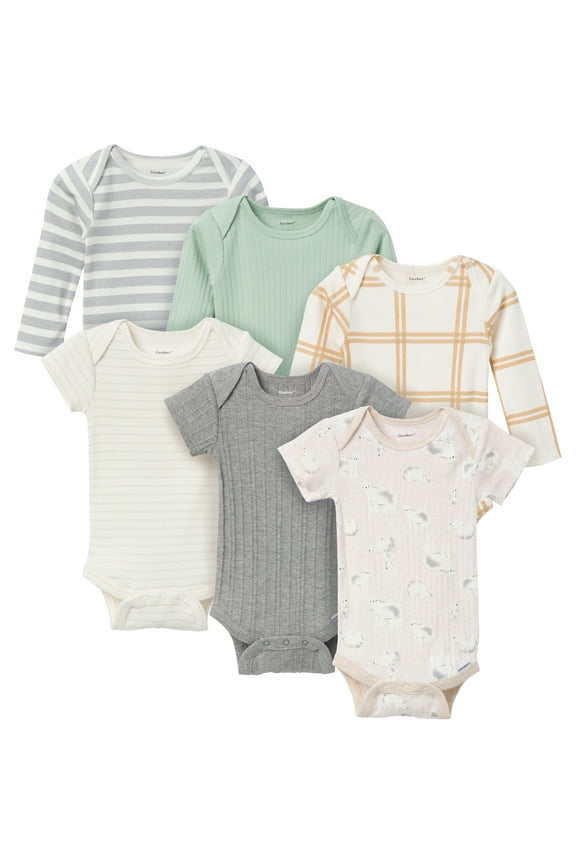 Baby Neutral Assorted Long and Short Sleeve Onesies, 6-Pack, Sizes Newborn - 12 Months