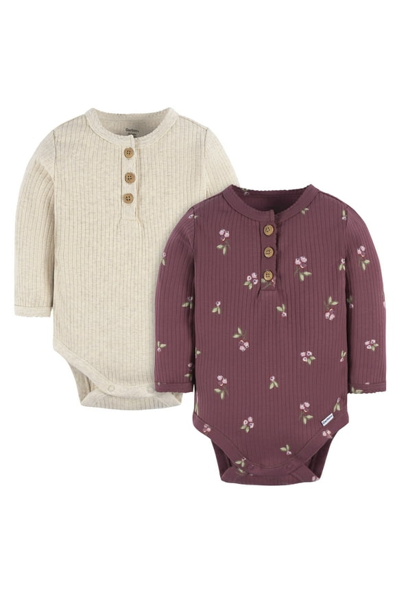 Baby Neutral Long Sleeve Bodysuits, 2-Pack, Sizes Newborn - 12 Months