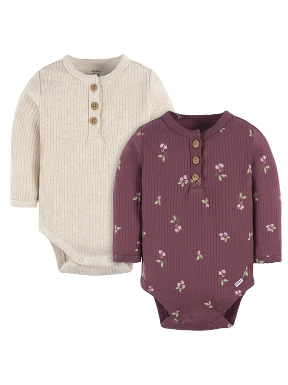 Baby Neutral Long Sleeve Bodysuits, 2-Pack, Sizes Newborn - 12 Months