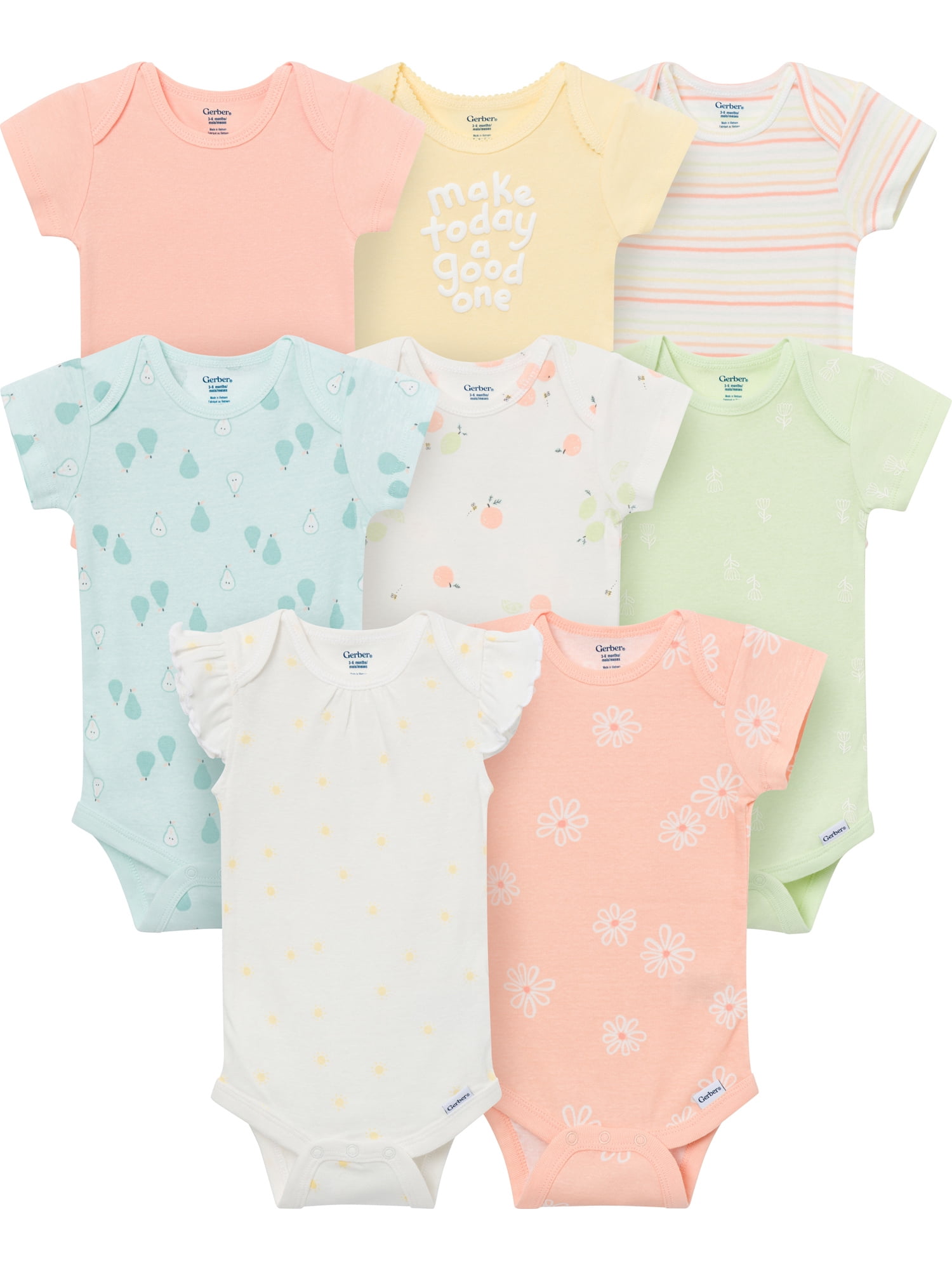 Gerber Baby Neutral Short Sleeve Onesies, 8-Pack, Sizes 0/3 Newborn - 12 Months