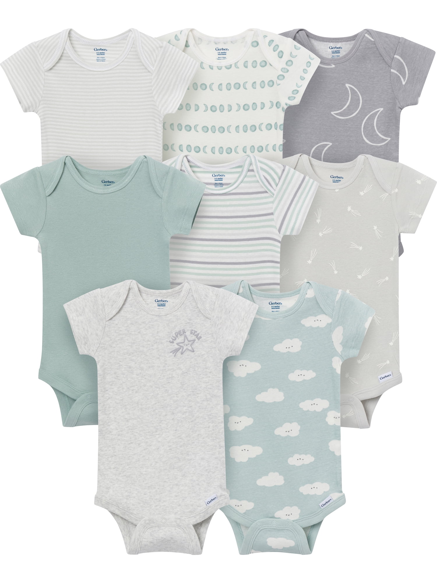 Gerber Baby Neutral Short Sleeve Onesies, 8-Pack, Sizes 0/3 Newborn - 12 Months