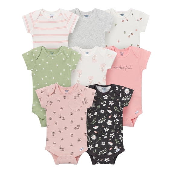 Gerber Baby Neutral Short Sleeve Onesies, 8-Pack, Sizes 0/3 Newborn - 12 Months