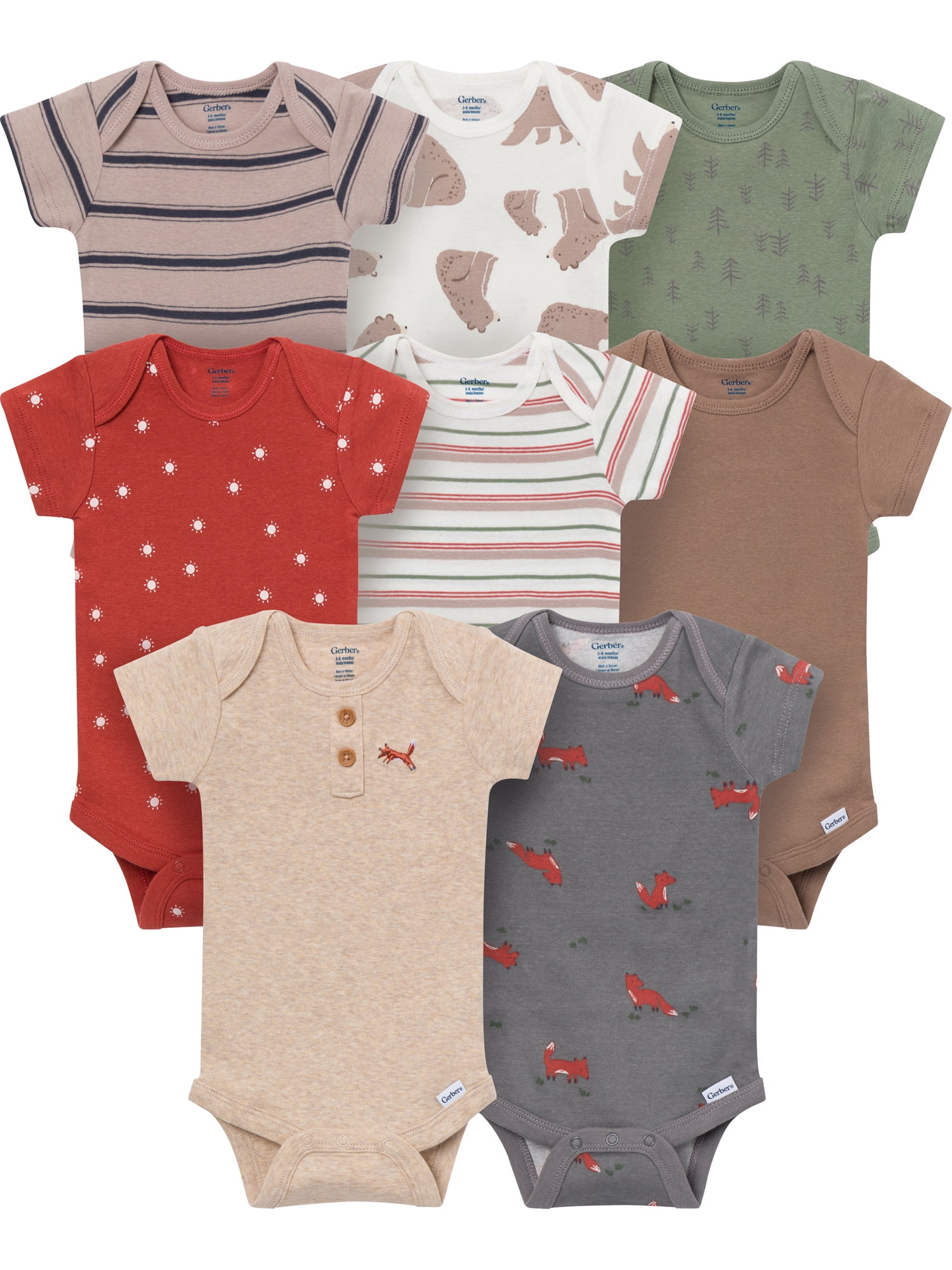 Gerber Baby Neutral Short Sleeve Onesies, 8-Pack, Sizes 0/3 Newborn - 12 Months