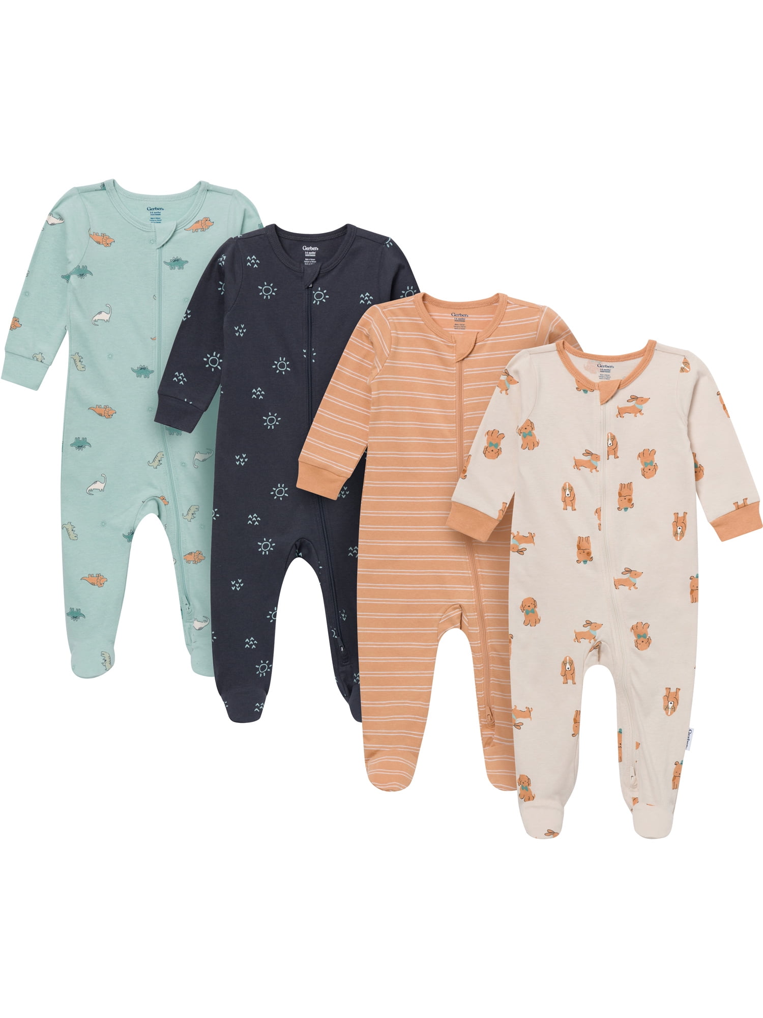Gerber Baby Neutral Sleep N´ Play 2-Way Zipper Footed Pajamas, 4-Pack, Sizes, Newborn - 6/9 Months