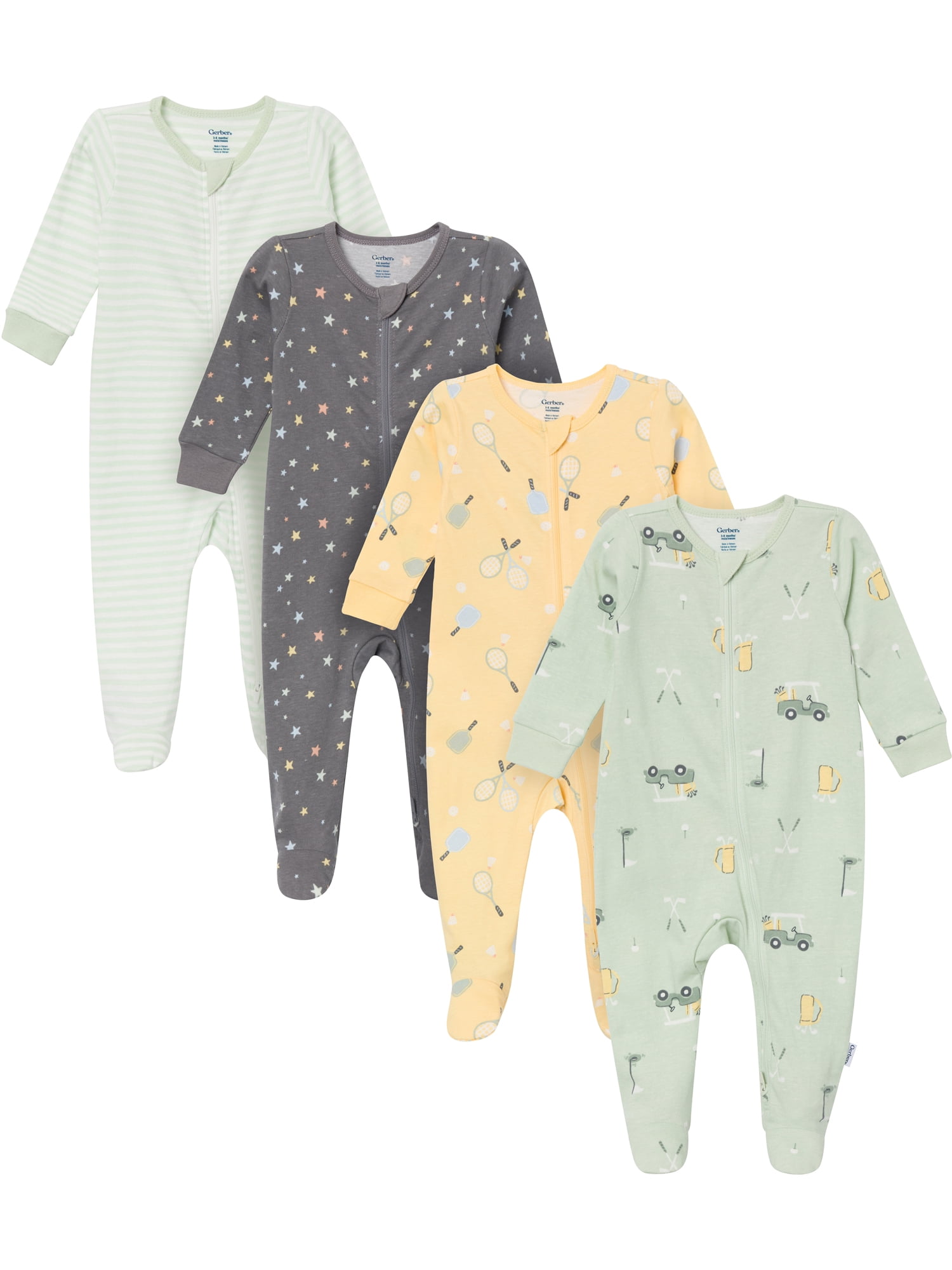 Gerber Baby Neutral Sleep N´ Play 2-Way Zipper Footed Pajamas, 4-Pack, Sizes, Newborn - 6/9 Months