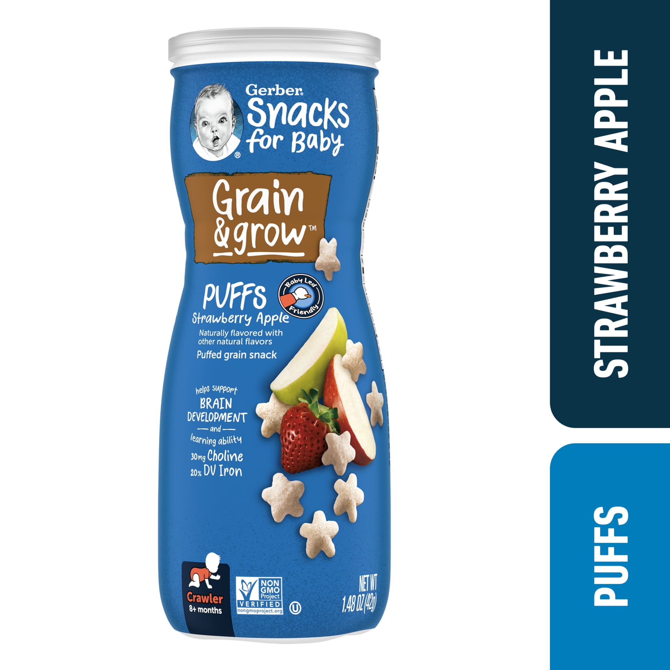 거버 베이비 스낵, 곡물 &amp; 퍼프 재배, 딸기 사과, 클린 라벨 프로젝트, 1.48온스 캐니스터