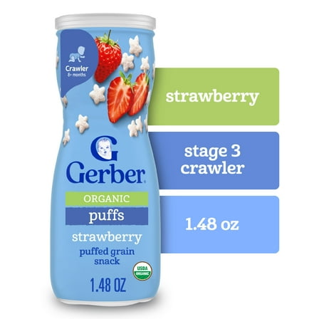 Gerber Stage 3 Baby Snacks, Organic Strawberry Puffs, Grain Snack, Baby Led Feeding 1.48 oz