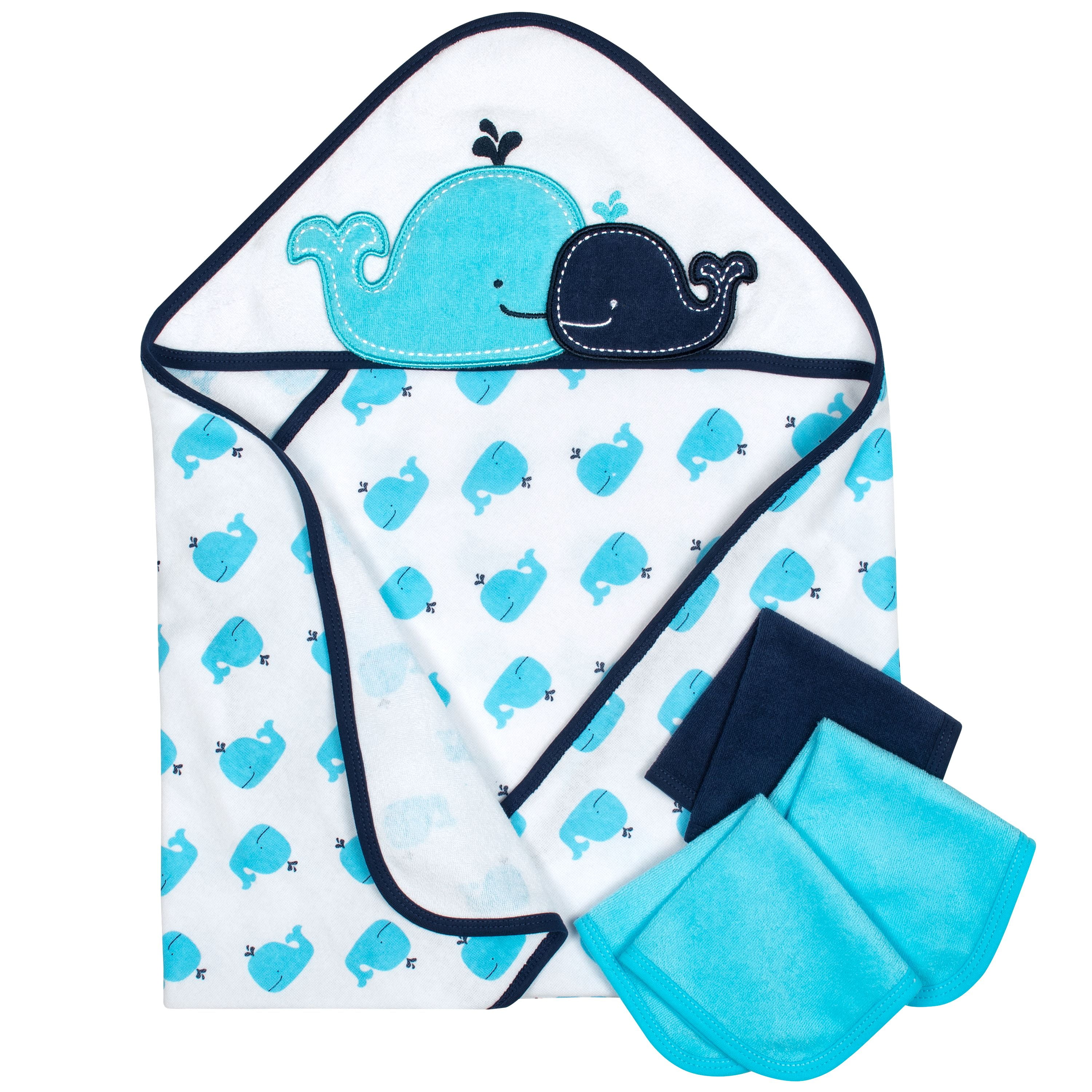 Gerber Baby Terry Hooded Towel & Washcloths, Whale, 4 Piece Bath Set