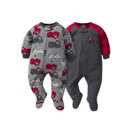 Gerber Infant and Toddler Boys Fleece Footed Pajamas, 2-Pack, Fire Truck, 3-6 Months