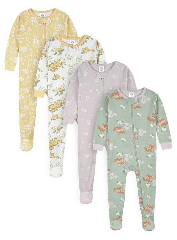 Gerber Baby & Toddler Girl Snug Fit Footed Cotton Pajamas, 4-Pack, Sizes 0/3 Months-5T