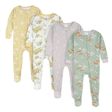 Gerber Baby & Toddler Neutral Snug Fit Footed Cotton Pajamas, 4-Pack, Sizes 0/3 Months-5T