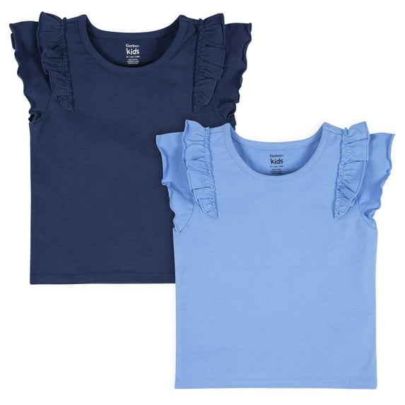 Gerber Baby and Toddler Girl Ruffle Tops, 2 Pack, Sizes 12 Months - 5T