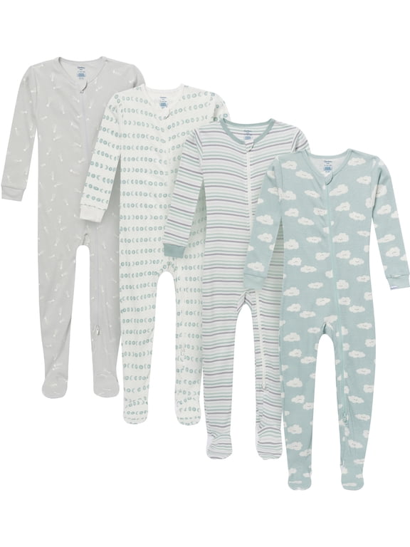 Baby and Toddler Neutral 2-Way Zipper Footed Unionsuits, 4-Pack, 0/3 Months - 5T