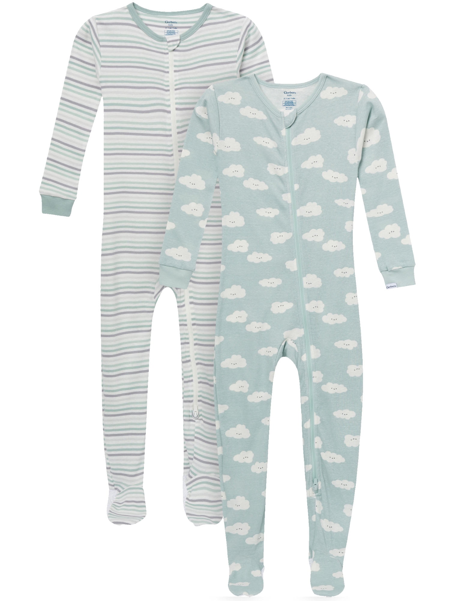 Gerber Baby and Toddler Neutral Tight Fitting Footed 2-Way Zipper Unionsuits, 2-Pack, Sizes 0/3 Months - 5T