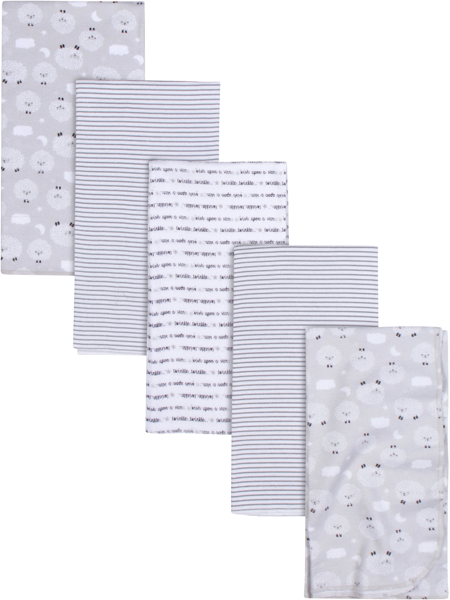 Grey Sheep and Stripes Cotton Flannel Baby Receiving Blankets, 5-Pack