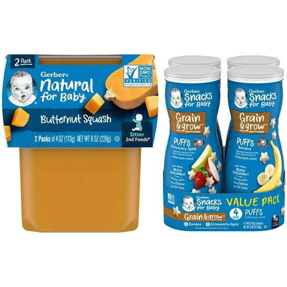 Gerber Bundle 6 Pack Stage 2 Butternut Squash and Gerber Variety pack (4) banana/Strawberry Apple Cereal Snack