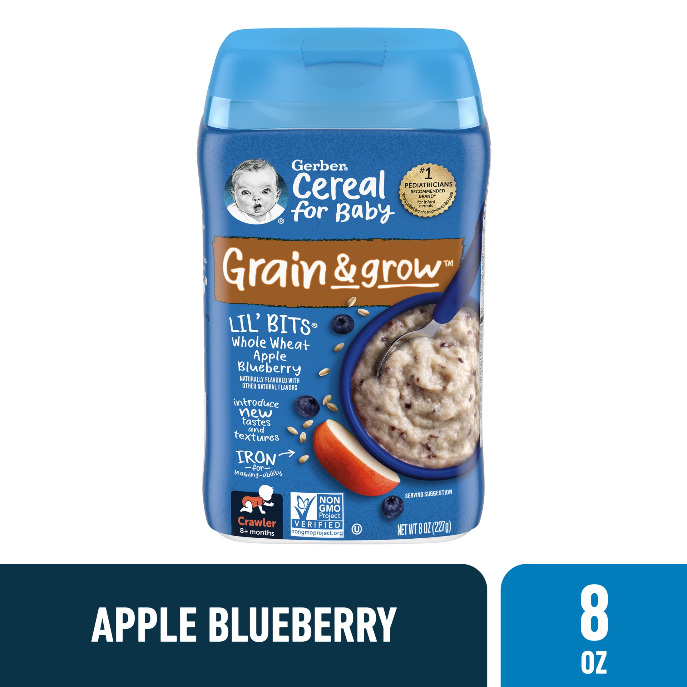 Gerber Cereal for Baby Grain & Grow 3rd Foods Lil' Bits Whole Wheat Baby Cereal, Apple Blueberry, 8 oz Canister (6 Pack)