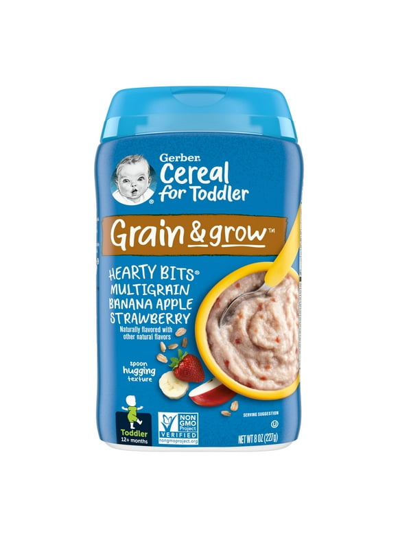 Gerber Cereal for Toddler Grain &amp; Grow, Hearty Bits Multigrain Baby Cereal, Banana Apple Strawberry, 8 oz Canister