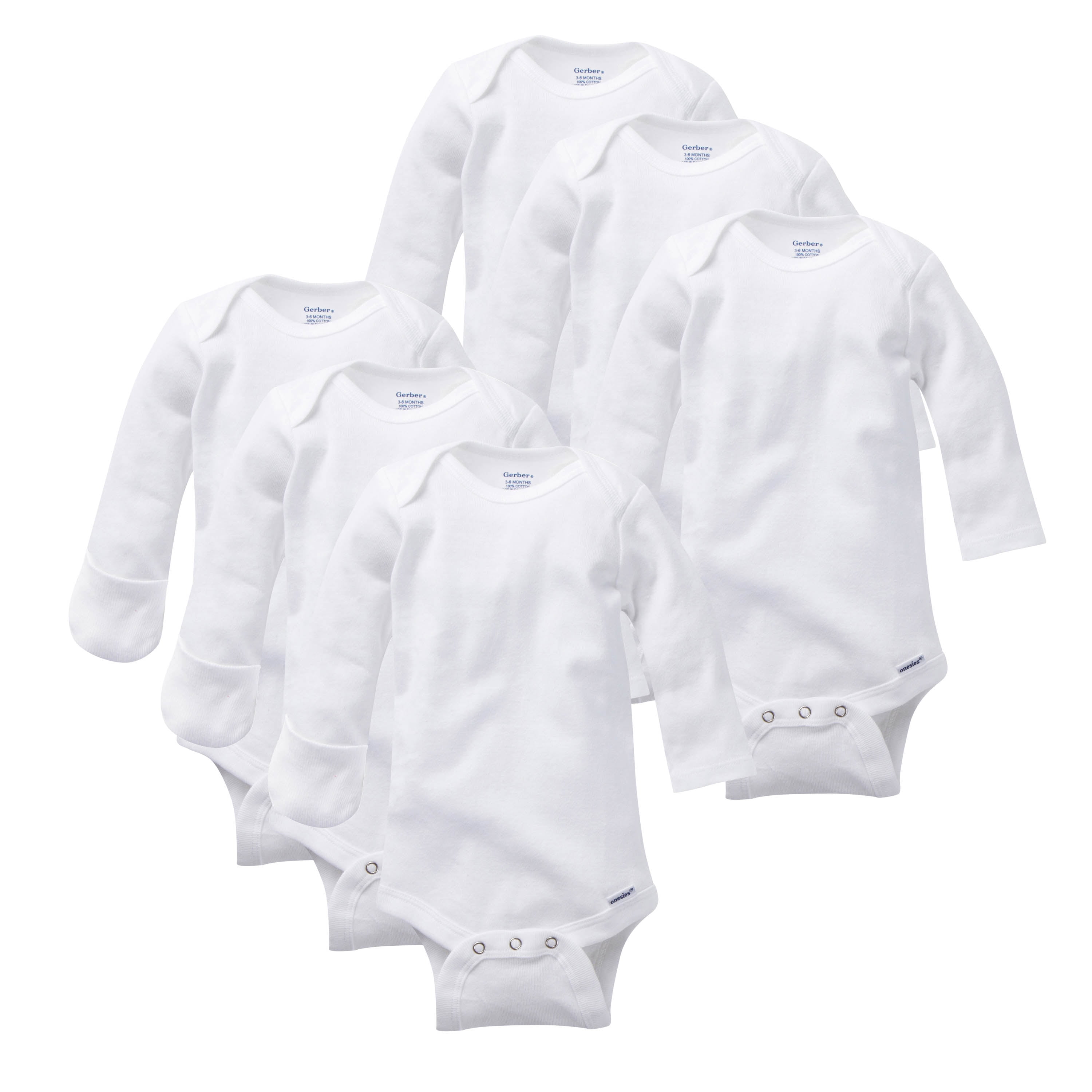 Gerber Cotton Long Sleeve Bodysuits, White, Preemie-24 Months, 6-Pack