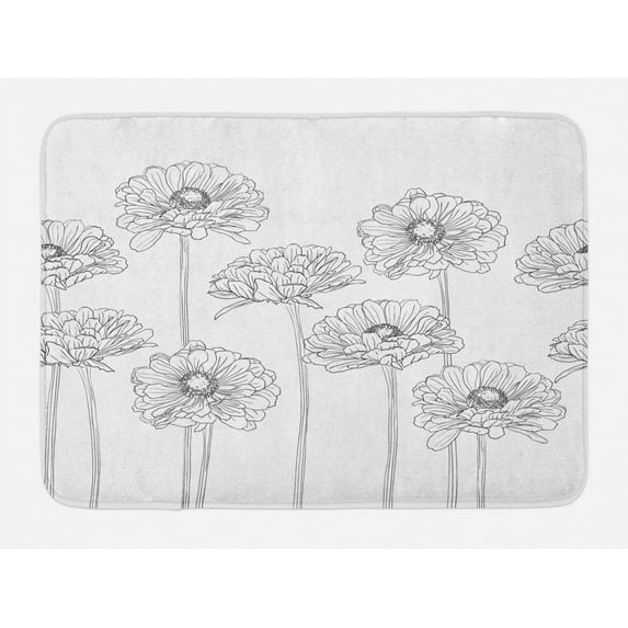 Gerber Daisy Bath Mat, Monochrome Uncolored Thin Line Art of Natural Flowers with Stems, Plush Bathroom Decor Mat with Non Slip Backing, 29.5" X 17.5", Charcoal Grey White, by Ambesonne