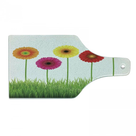 Gerber Daisy Cutting Board, Horizontal Order Colorful Flowers on Grass Energetic Spring Illustration, Decorative Tempered Glass Cutting and Serving Board, in 3 Sizes, by Ambesonne