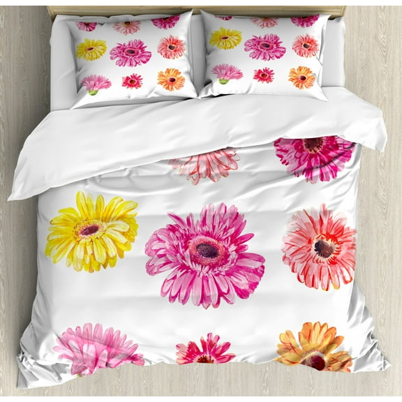 Gerber Daisy Duvet Cover Set King Size, Gerbera Flower Heads in Pink and Yellow Shades Watercolor Aquarelle Artwork, Decorative 3 Piece Bedding Set with 2 Pillow Shams, Multicolor, by Ambesonne