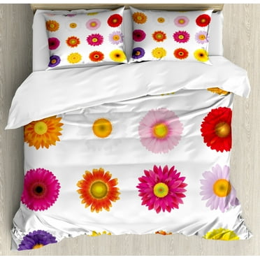 Gerber Daisy Duvet Cover Set King Size, Various Colorful Petals on Plain Backdrop Pretty Summer Flora Romance Print, Decorative 3 Piece Bedding Set with 2 Pillow Shams, Multicolor, by Ambesonne