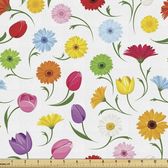 Ambesonne Gerber Daisy Fabric by the Yard Upholstery, Posy of Spring Flowers, 2 Yards, Multicolor