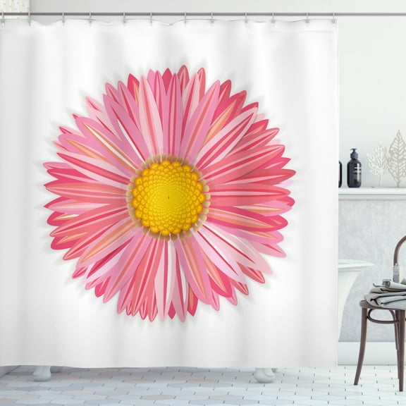 Gerber Daisy Shower Curtain, Flower Close Up with Sacred Geometry Stamen and Pink Color Palette Petals, Fabric Bathroom Set with Hooks, 69W X 75L Inches Long, Multicolor, by Ambesonne