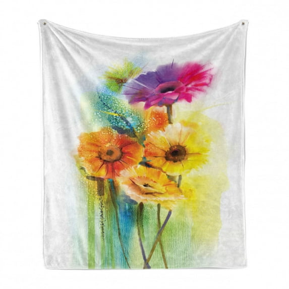 Gerber Daisy Soft Flannel Fleece Blanket, Burgeoning Beauty of Nature Abstract Watercolor Artwork of a Colorful Bouquet, Cozy Plush for Indoor and Outdoor Use, 60" x 80", Multicolor, by Ambesonne
