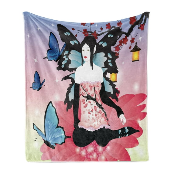 Gerber Daisy Soft Flannel Fleece Blanket, Fairy Girl with Wings on a Gerbera Blossom Butterflies in an Enchanted Garden, Cozy Plush for Indoor and Outdoor Use, 60" x 80", Multicolor, by Ambesonne