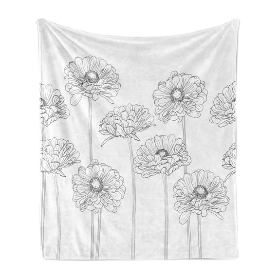 Gerber Daisy Soft Flannel Fleece Blanket, Monochrome Uncolored Thin Line Artwork of Natural Flowers with Stems, Cozy Plush for Indoor and Outdoor Use, 50" x 60", Charcoal Grey White, by Ambesonne