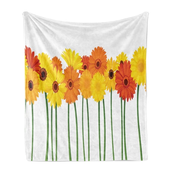 Gerber Daisy Soft Flannel Fleece Blanket, Orange and Yellow Color Flowers on Green Stems Horizontal Border, Cozy Plush for Indoor and Outdoor Use, 70" x 90", Orange Yellow and Green, by Ambesonne
