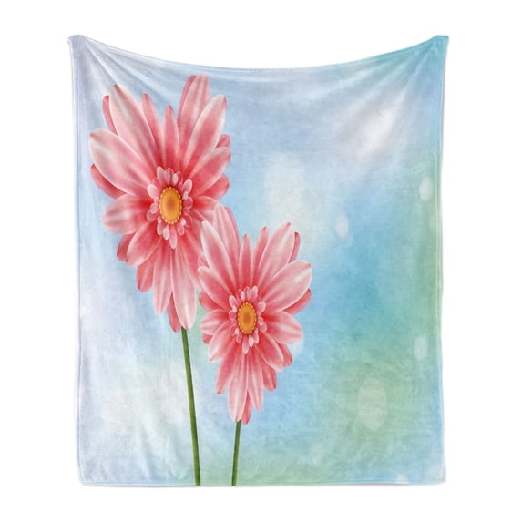 Gerber Daisy Soft Flannel Fleece Throw Blanket, Abstract Heart Floral Petals on Bokeh Blurry Pastel Art Backdrop, Cozy Plush for Indoor and Outdoor Use, 50" x 60", Coral and Multicolor, by Ambesonne