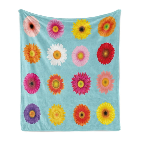 Gerber Daisy Soft Flannel Fleece Throw Blanket, Blooms of Various Vibrant Petals Flower Pattern, Cozy Plush for Indoor and Outdoor Use, 50" x 70", Pale Blue Multicolor, by Ambesonne