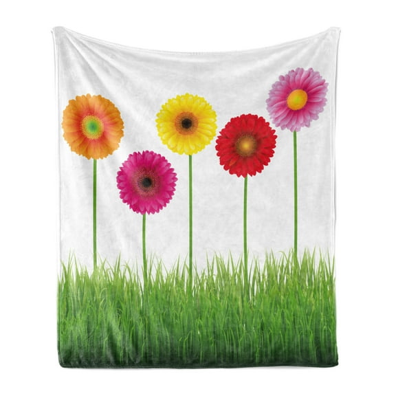 Gerber Daisy Soft Flannel Fleece Throw Blanket, Horizontal Order Colorful Flowers on Grass Energetic Spring Illustration, Cozy Plush for Indoor and Outdoor Use, 50" x 60", Multicolor, by Ambesonne