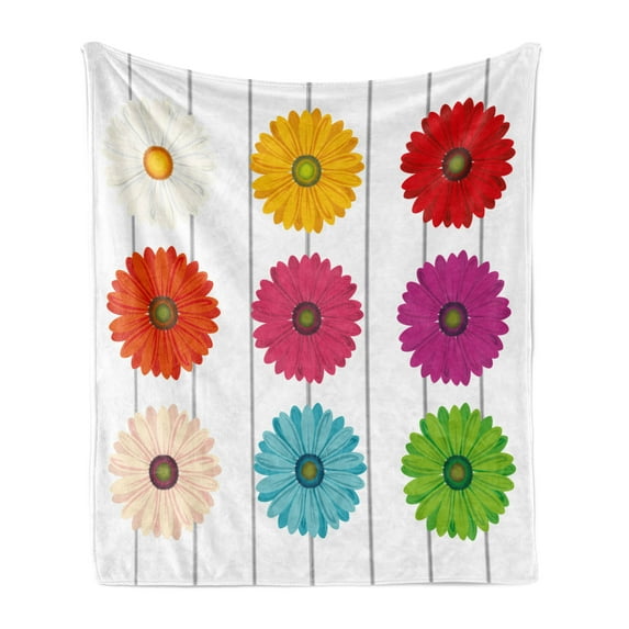 Gerber Daisy Soft Flannel Fleece Throw Blanket, Illustration with Colorful Flower Petals on Vertical Stripes Graphic, Cozy Plush for Indoor and Outdoor Use, 70" x 90", Multicolor, by Ambesonne
