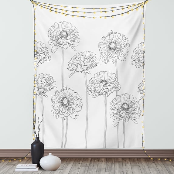 Gerber Daisy Tapestry, Monochrome Uncolored Thin Line Artwork of Natural Flowers with Stems, Wall Hanging for Bedroom Living Room Dorm Decor, 40W X 60L Inches, Charcoal Grey White, by Ambesonne