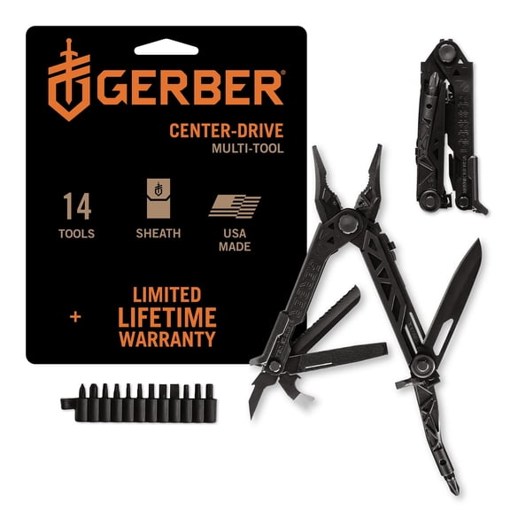 Gerber Gear Center-Drive Multitool - Includes 3.25" Plain Edge Knife, Needle Nose Pliers, Center-Axis Bit Driver, Wire Cutter, Pry Bar, Nail Puller - Comes with Bit Set & Sheath - Made in USA - Black