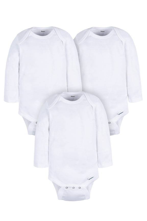 Gender Neutral Leisure White Long Sleeve Cotton Bodysuit, 3-Pack, Sizes Preemie - 24 Months